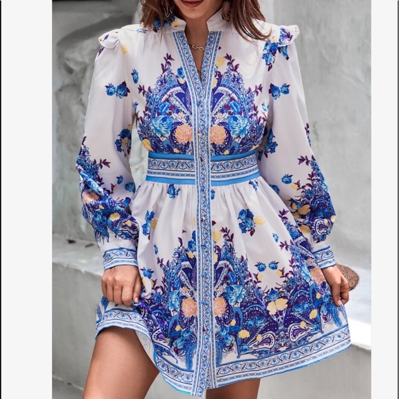 Boho Floral Paisley Print Puff Sleeve Open Front Dress - Picture 8 of 16